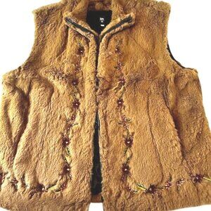 Rabbit Fur Vest Women's Oversized Hip Length Embroidery Fully Lined Double Zip L